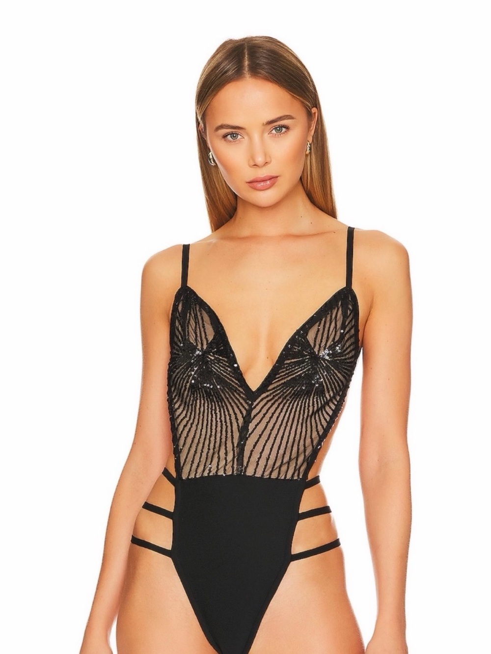 REVOLVE Black Sheer Embroidered Plunge Strappy Bodysuit